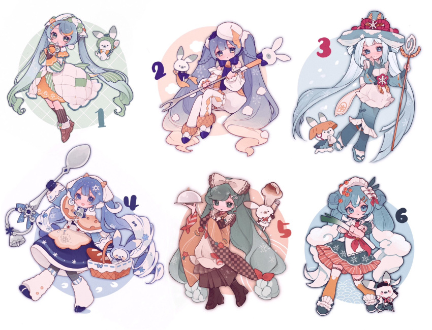 6+girls aiming_at_viewer animal ankle_cuffs apron aqua_kimono argyle argyle_pantyhose argyle_sleeves arm_up baguette basket bell black_socks blue_bow blue_bowtie blue_capelet blue_eyes blue_hair blue_hood blue_mittens blue_skirt blunt_bangs boots borrowed_design bow bowtie braid bread brown_footwear brown_kimono butter capelet checkered_clothes checkered_kimono cheese cheese_wheel chef_hat commentary cross-laced_footwear dot_mouth double_bun dress earmuffs fake_horns fondue food food-themed_hair_ornament food_on_face foreshortening fork fork_hair_ornament frilled_apron frills full_body fur-trimmed_capelet fur_trim gradient_hair green_hair green_hood green_ribbon green_skirt hair_bow hair_bun hair_ornament hairclip hat hatsune_miku highres holding holding_basket holding_food holding_ice_cream holding_ladle holding_spoon holding_spring_onion holding_staff holding_tray holding_vegetable hood hood_up hoop_skirt horns ice_cream_cone ichimegasa ikura_(food) in_basket jacket japanese_clothes kappougi kimono kneehighs lace-up_boots ladle large_hat light_blue_hair long_hair melon_ball melting multicolored_hair multiple_girls multiple_persona neck_bell necktie nori_(seaweed) numbered obi onigiri open_mouth orange_capelet orange_hair orange_skirt orange_thighhighs outstretched_arm oversized_object pantyhose picnic_basket pom_pom_(clothes) puffy_sleeves quilted_clothes rabbit rabbit_yukine red_bow red_ribbon ribbon rice rice_(plant) rice_on_face sandals sandogasa sash scallop serving_dome shiro_(a923808254) skirt smile snowflake_ornament snowflake_print socks spoon spoon_hair_ornament spring_onion staff streaked_hair striped striped_skirt striped_sleeves striped_socks swiss_cheese thigh-highs tray twintails vegetable vertical-striped_socks vertical_stripes very_long_hair vocaloid waffle_cone wavy_hair white_apron white_background white_bow white_dress white_headwear white_jacket white_pantyhose white_ribbon wide_sleeves yellow_capelet yuki_miku yuki_miku_(2024)