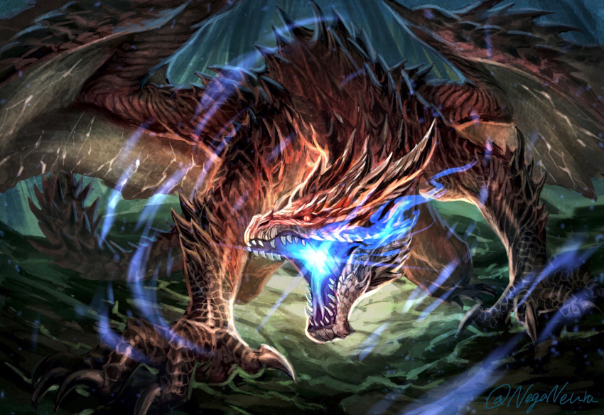 bioluminescence dragon dragon_claw dragon_tail dragon_wings giant giant_monster glowing_mouth highres keselum_(neganeura) large_wings monster_hunter:_world monster_hunter_(series) no_humans red_eyes red_scales safi'jiiva tail western_dragon wings