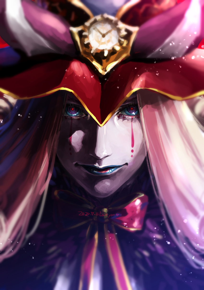 1boy absurdres blue_lips bow bowtie clown colored_skin curly_hair demon_boy demon_horns expressionless fate/grand_order fate_(series) fur_collar hat headpiece highres horns long_hair looking_at_viewer loveyama makeup male_focus mephistopheles_(fate) multicolored_eyes portrait purple_hair red_bow red_bowtie red_pupils solo teardrop tick_tock_bomb white_skin
