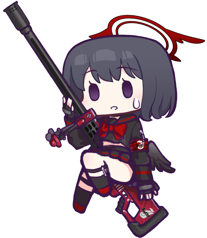 1girl absurdres anti-materiel_rifle anzio_ironworks_20mm_rifle black_gloves black_hair black_sailor_collar black_serafuku black_shirt black_skirt black_socks black_wings blue_archive bow chibi feathered_wings fingerless_gloves full_body gloves gun halo hand_up highres holding holding_gun holding_weapon looking_at_viewer low_wings mashiro_(blue_archive) mini_wings panatisia parted_lips pleated_skirt red_bow red_footwear rifle sailor_collar school_uniform serafuku shirt shoes simple_background skirt sniper_rifle socks solo sweat violet_eyes weapon white_background wings