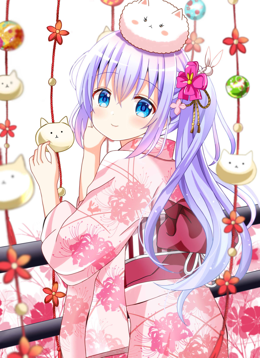 1girl angora_rabbit animal_on_head blue_eyes blue_hair closed_mouth commentary_request floral_background floral_print flower from_behind gochuumon_wa_usagi_desu_ka? hair_flower hair_ornament highres japanese_clothes kafuu_chino kimono long_hair long_sleeves looking_at_viewer looking_back obi on_head pink_flower pink_kimono rabbit rabbit_hair_ornament ryoutan sash side_ponytail smile tippy_(gochiusa) very_long_hair white_background