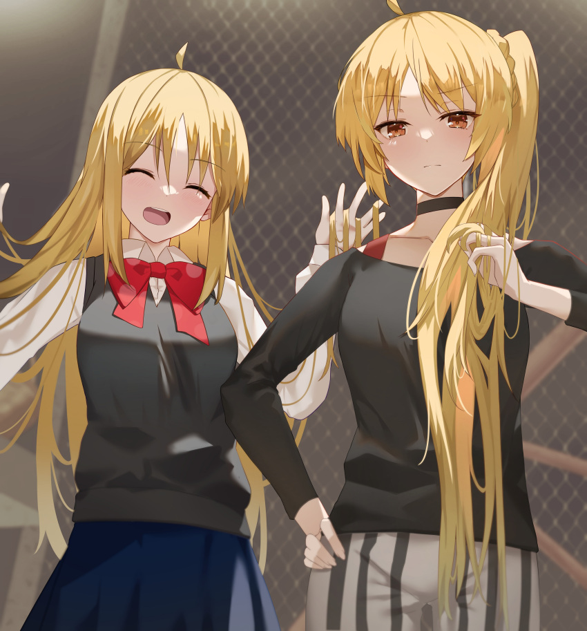 2girls absurdres ahoge alternate_hairstyle black_choker black_shirt blonde_hair bocchi_the_rock! bow bureoeve chain-link_fence choker closed_mouth collared_shirt commentary fence hair_down hairstyle_switch highres ijichi_nijika ijichi_seika long_hair long_sleeves multiple_girls open_mouth pants ponytail red_bow red_eyes school_uniform shimokitazawa_high_school_uniform shirt siblings side_ponytail sidelocks sisters smile striped striped_pants vertical_stripes very_long_hair white_shirt