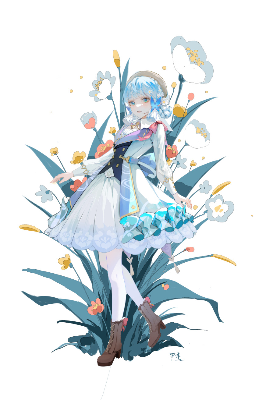 1girl absurdres aqua_eyes blue_dress blue_hair blunt_bangs blunt_tresses boots brown_footwear brown_headwear butterfly_hair_ornament collared_dress dress flower full_body genshin_impact hair_flower hair_ornament high_heel_boots high_heels highres kamisato_ayaka kamisato_ayaka_(springbloom_missive) light_blue_hair long_hair long_sleeves multicolored_clothes multicolored_dress neck_tassel official_alternate_costume official_alternate_hairstyle pantyhose parted_lips red_flower red_ribbon ribbon rufen284 signature solo white_background white_dress white_flower white_pantyhose yellow_flower
