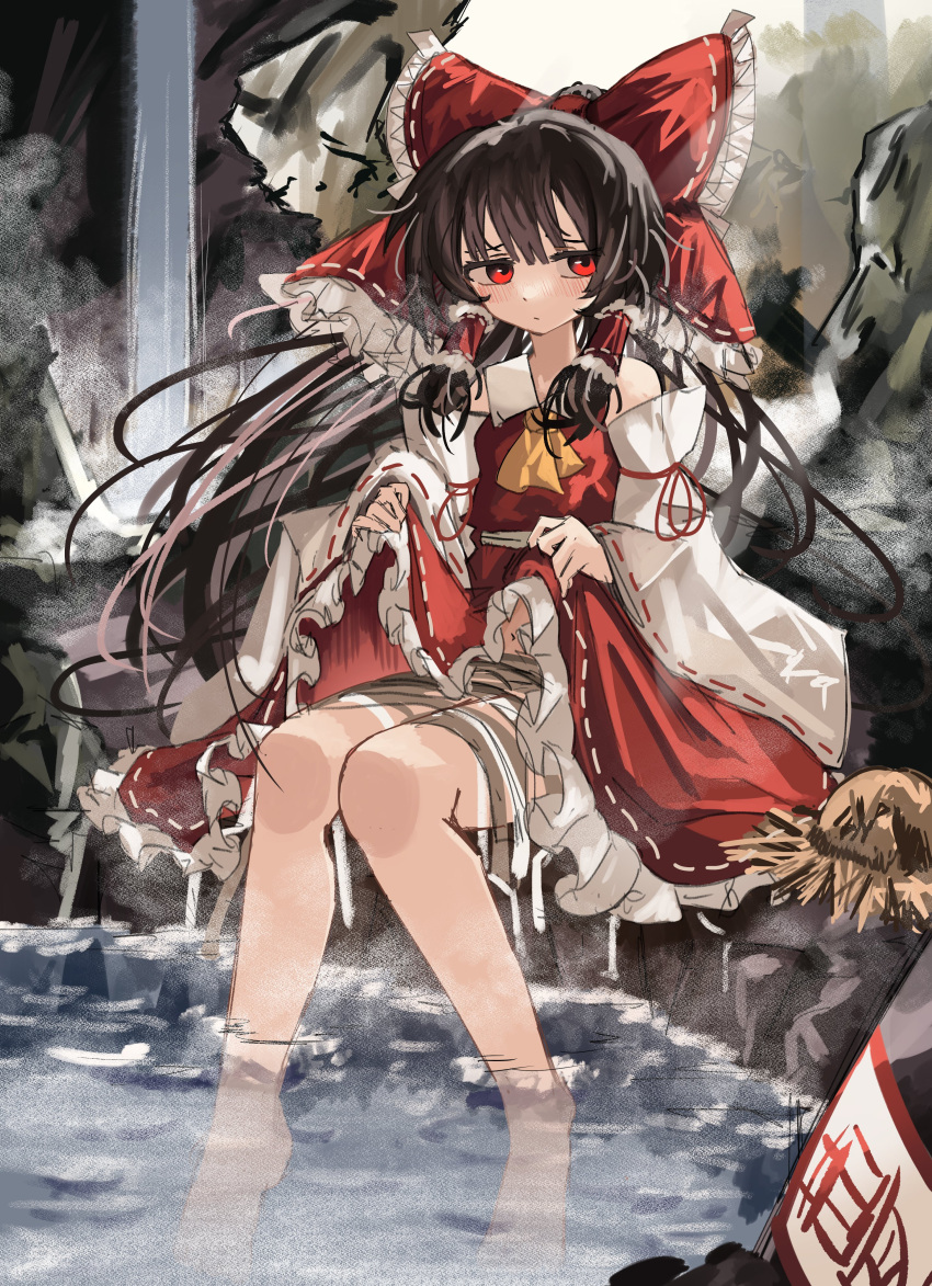 1girl absurdres ascot black_hair blush bottle bow clothes_lift detached_sleeves english_commentary frilled_bow frilled_hair_tubes frills hair_bow hair_tubes hakurei_reimu hat highres lifted_by_self long_hair looking_to_the_side midriff_peek navel onsen ougiikun outdoors red_bow red_eyes red_skirt ribbon-trimmed_sleeves ribbon_trim sitting skirt skirt_lift skirt_set soaking_feet solo steam straw_hat touhou translation_request water waterfall yellow_ascot