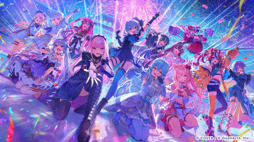 6+girls :d ;d absurdres aerial_fireworks alternate_costume animal_ears artist_request asymmetrical_clothes asymmetrical_legwear azki_(hololive) beret black_hair blonde_hair blue_hair boots braid breasts brown_hair chest_jewel colored_inner_hair commentary_request company_name confetti copyright_notice double_bun dress elf fireworks frilled_dress frills gloves hair_bun hairband hakos_baelz hakui_koyori hand_up hat headset heart heart_hands high_heels highres hime_cut hololive hololive_dev_is hololive_dreams hololive_english hololive_indonesia horns hoshimachi_suisei irys_(hololive) jacket juufuutei_raden kneeling koseki_bijou kureiji_ollie long_hair long_sleeves looking_at_viewer mismatched_legwear moona_hoshinova mori_calliope mouse_ears mouse_girl mouse_tail multicolored_hair multiple_girls night official_art on_one_knee one_eye_closed open_clothes open_jacket otonose_kanade outdoors partially_fingerless_gloves patchwork_skin peaked_cap pink_hair pleated_skirt pointing pointing_up pointy_ears purple_hair reaching reaching_towards_viewer red_hair sailor_collar second-party_source shoes short_hair short_sleeves single_pantsleg skirt smile spiked_hairband spikes standing stitched_face stitches streaked_hair tail thigh-highs thigh_boots thigh_strap todoroki_hajime twintails white_hair wolf_ears wolf_girl wolf_tail yukihana_lamy zombie