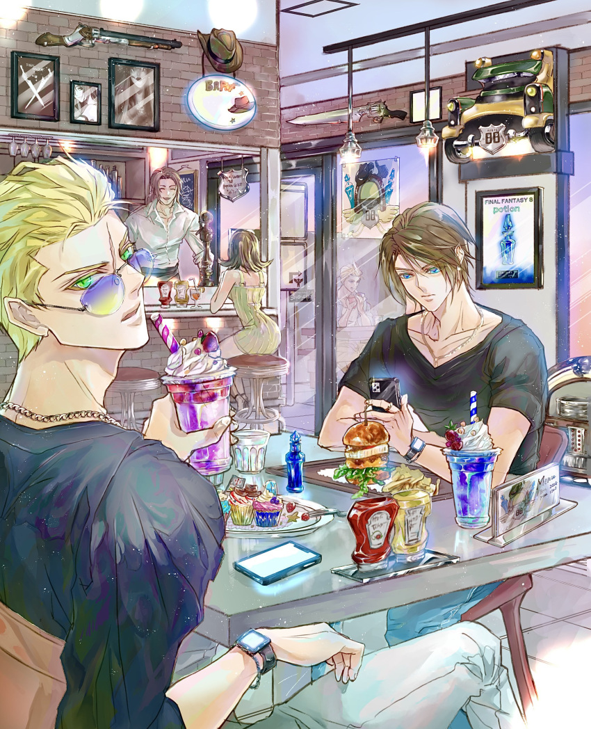 1girl 4boys absurdres aqua_eyes bar_(place) bar_stool bare_shoulders black_shirt blonde_hair blue_pants breasts brick_wall brown_hair burger chain_necklace closed_eyes collared_shirt cowboy_hat cup cupcake curly_hair denim diner drinking_straw eni_(yoyogieni) final_fantasy final_fantasy_viii food green_eyes grey_pants gun hair_slicked_back hat highres holding holding_cup holding_phone ice_cream ice_cream_float indoors irvine_kinneas jeans jewelry ketchup_bottle long_hair long_sleeves looking_at_phone looking_at_viewer looking_back medium_breasts multiple_boys mustard_bottle necklace pants parted_bangs parted_lips phone picture_frame scar scar_on_face scar_on_forehead seifer_almasy selphie_tilmitt shirt short_hair short_sleeves shotgun sitting sleeves_rolled_up smile squall_leonhart stool sunglasses table v-neck weapon white_shirt yellow_overalls zell_dincht