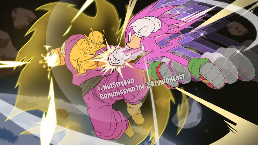 2boys absurdres alien animal_ears animal_nose antennae battle character_request colored_skin crossover dougi dragon_ball dragon_ball_super dragon_ball_super_super_hero dragon_ball_z fighting furry furry_male gloves highres hyper_knuckles knuckles_the_echidna multiple_boys muscular muscular_male namekian no_eyebrows notstrykon orange_piccolo orange_skin piccolo pink_fur pointy_ears red_eyes red_footwear shoes sonic_(series) sonic_mania spiked_gloves super_knuckles tail violet_eyes white_gloves
