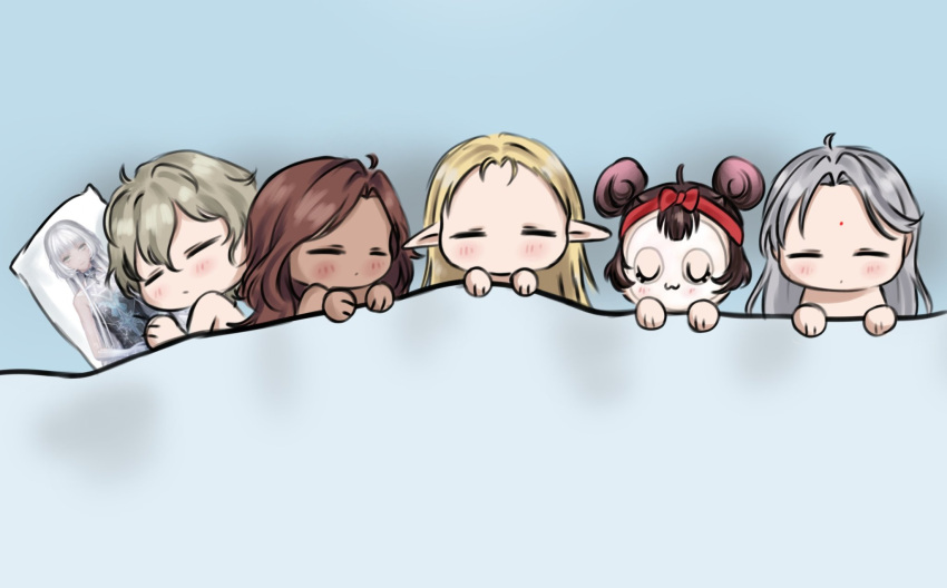 2girls 3boys aloysius_(shining_nikki) beauty_mask blonde_hair blue_background body_pillow bow bow_hairband brown_hair caprico_(shining_nikki) chibi closed_eyes closed_mouth commentary dark-skinned_female dark_skin dodora_(shining_nikki) double_bun elf english_commentary eyelashes facial_mark forehead forehead_mark glow_(shining_nikki) grey_hair hair_between_eyes hair_bun hairband highres hugging_object light_blush long_hair lying multiple_boys multiple_girls nikki_(series) no_mouth nonoberry22 on_back on_bed parted_lips pillow pillow_hug pointy_ears red_bow red_hairband shining_nikki short_hair sleeping smile straight_hair under_covers wenren_dian_(shining_nikki) yisu_(shining_nikki)