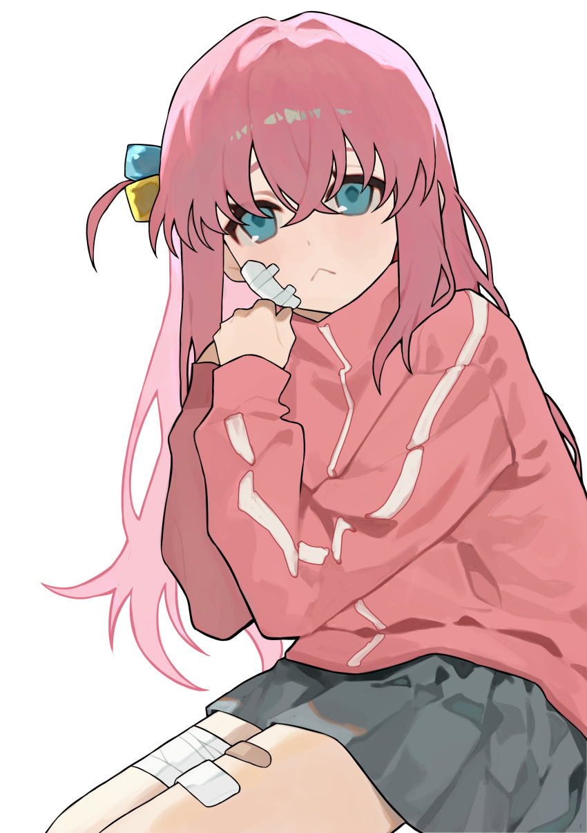 1girl :< absurdres bandaged_leg bandages bandaid bandaid_on_cheek bandaid_on_face bandaid_on_thigh blue_eyes bocchi_the_rock! cube_hair_ornament gotoh_hitori grey_skirt hair_between_eyes hair_ornament haru_(ririne9999rine) highres jacket long_hair long_sleeves looking_at_viewer own_hands_together pink_hair pink_jacket side_ahoge sidelocks sitting skirt solo thighs track_jacket white_background