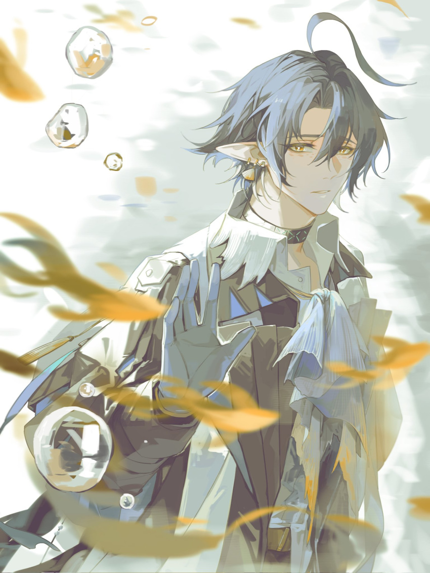 1boy ahoge air_bubble arknights ascot black_coat blue_ascot blue_gloves blue_hair blurry bright_pupils bubble coat collared_shirt commentary depth_of_field earrings fish freckles gloves hair_between_eyes highres infection_monitor_(arknights) jewelry junchao long_sleeves looking_at_viewer lumen_(arknights) male_focus motion_blur open_clothes open_coat open_collar parted_lips pointy_ears shell shell_earrings shirt short_hair solo symbol-only_commentary upper_body white_pupils white_shirt yellow_eyes