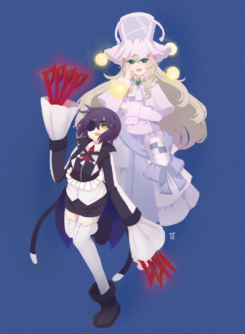 2girls :d ankle_boots arm_at_side artist_name ascot black_footwear black_hair black_jacket black_skirt blonde_hair blue_background blue_sash blush boots buttons capelet coattails collared_shirt cropped_jacket dot_nose dress eyepatch floating frilled_hat frilled_headwear frilled_jacket frills gem gera-magia green_eyes green_gemstone hair_between_eyes hand_on_own_face hand_up hat highres jacket kure_kirika leg_up long_dress long_hair long_sleeves looking_at_viewer magical_girl mahou_shoujo_madoka_magica mahou_shoujo_oriko_magica mikuni_oriko miniskirt multiple_girls necktie no_lineart one_eye_covered open_mouth orb pencil_skirt red_necktie sash shirt short_hair sidelocks skirt smile standing standing_on_one_leg thigh-highs third-party_source very_long_hair very_long_sleeves wavy_hair white_ascot white_capelet white_dress white_headwear white_thighhighs yellow_eyes