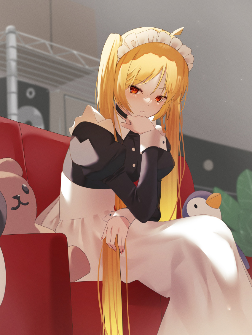 1girl absurdres ahoge blonde_hair bocchi_the_rock! bureoeve couch hand_up head_rest high-waist_skirt highres ijichi_seika indoors juliet_sleeves long_hair long_skirt long_sleeves maid_headdress pink_nails puffy_sleeves red_eyes skirt solo speaker stuffed_animal stuffed_penguin stuffed_toy teddy_bear twintails very_long_hair
