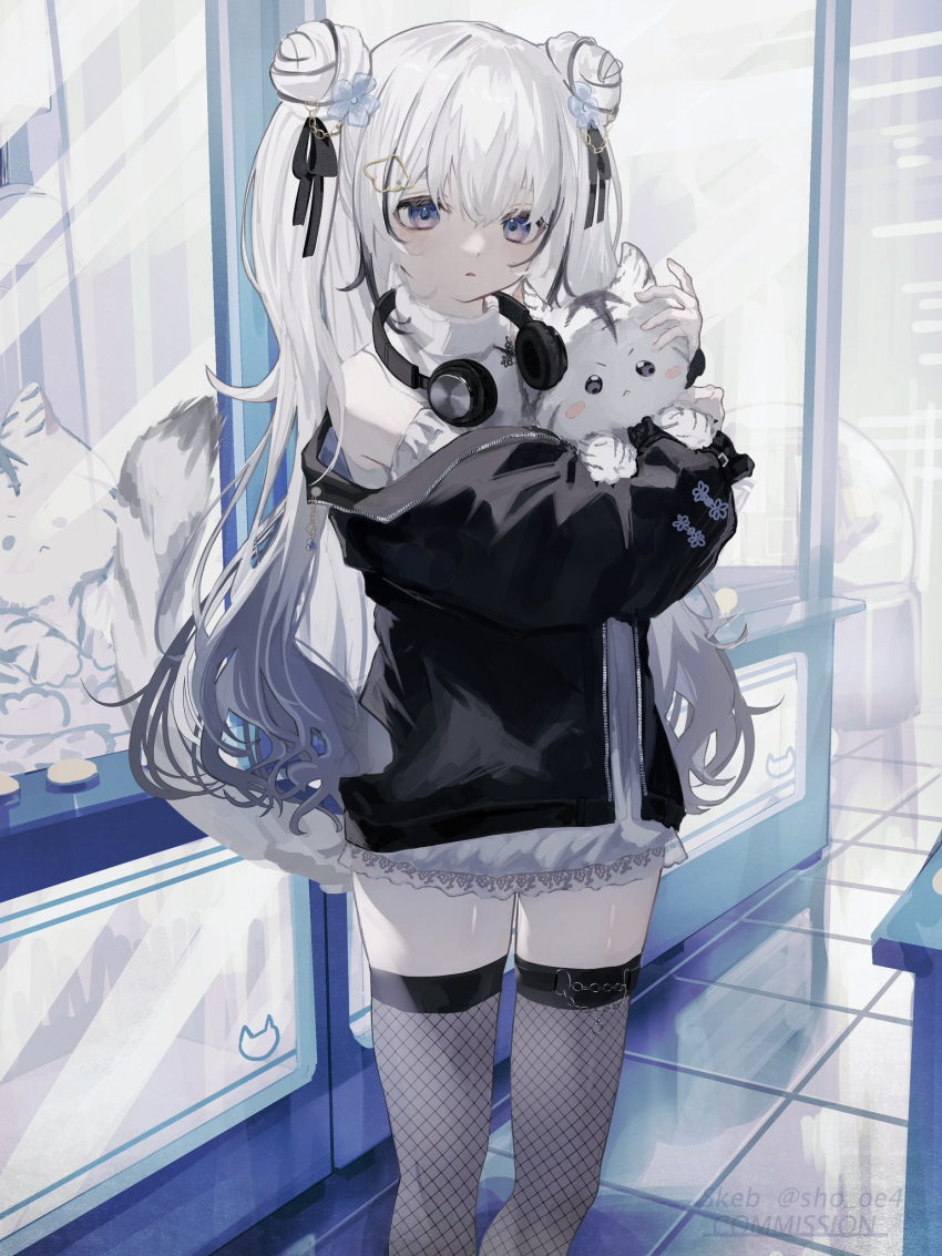 1girl black_jacket closed_mouth collar commission double_bun expressionless fishnet_thighhighs fishnets grey_eyes grey_hair hair_bun headphones headphones_around_neck highres holding holding_stuffed_toy indoors jacket long_hair long_sleeves looking_at_viewer multicolored_hair original shirt shou_(mori_boro) skeb_commission solo standing streaked_hair stuffed_animal stuffed_toy thigh-highs tile_floor tiles twintails twitter_username watermark white_collar white_hair white_shirt
