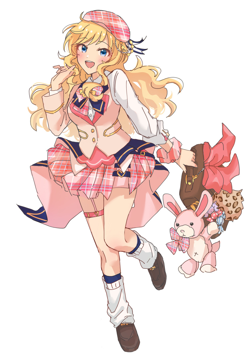 1girl absurdres animal_print asymmetrical_sleeves bag blonde_hair blue_eyes blush bow bowtie breasts candy food full_body garter_straps grk_11601 hat highres holding holding_bag idolmaster idolmaster_cinderella_girls idolmaster_cinderella_girls_starlight_stage jacket large_breasts leopard_print loafers long_hair long_sleeves looking_at_viewer loose_socks ohtsuki_yui open_mouth overskirt pink_bow pink_bowtie pink_jacket pink_skirt plaid plaid_bow plaid_bowtie plaid_skirt pleated_skirt red_headwear red_ribbon ribbon scrunchie shirt shoes simple_background skirt smile socks solo stuffed_animal stuffed_rabbit stuffed_toy teeth thigh_strap uneven_sleeves wavy_hair white_background white_shirt white_socks