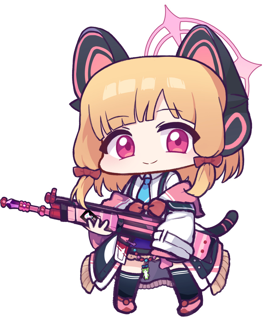 1girl absurdres animal_ear_headphones animal_ears assault_rifle battle_rifle black_skirt black_thighhighs blonde_hair blue_archive blue_necktie bow chibi closed_mouth collared_shirt fake_animal_ears full_body gun h&amp;k_g3 hair_bow halo headphones highres holding holding_gun holding_weapon jacket long_sleeves looking_at_viewer momoi_(blue_archive) necktie off_shoulder panatisia pink_footwear red_bow rifle shirt shoes sidelocks simple_background skirt sleeves_past_wrists smile solo standing suspender_skirt suspenders tail thigh-highs violet_eyes weapon white_background white_jacket white_shirt wide_sleeves