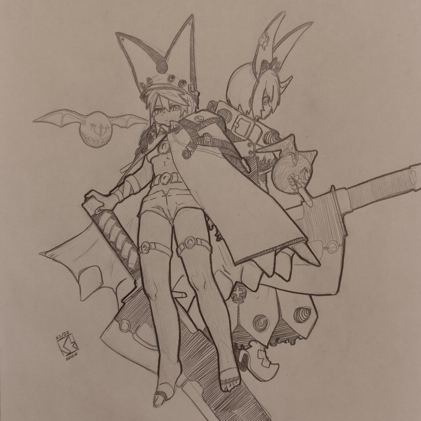 2girls bandaged_arm bandages belt_bra breasts bug closed_mouth clover cosplay dark-skinned_female dark_skin elphelt_valentine elphelt_valentine_(cosplay) floating floating_object floating_sword floating_weapon fly four-leaf_clover graphite_(medium) greyscale guilty_gear guilty_gear_strive hair_between_eyes hairband highres looking_at_viewer medium_breasts monochrome multiple_girls photo_(medium) ramlethal_valentine ramlethal_valentine_(cosplay) sergent_magnom short_shorts shorts simple_background sketch spiked_hairband spikes sword traditional_media weapon white_shorts