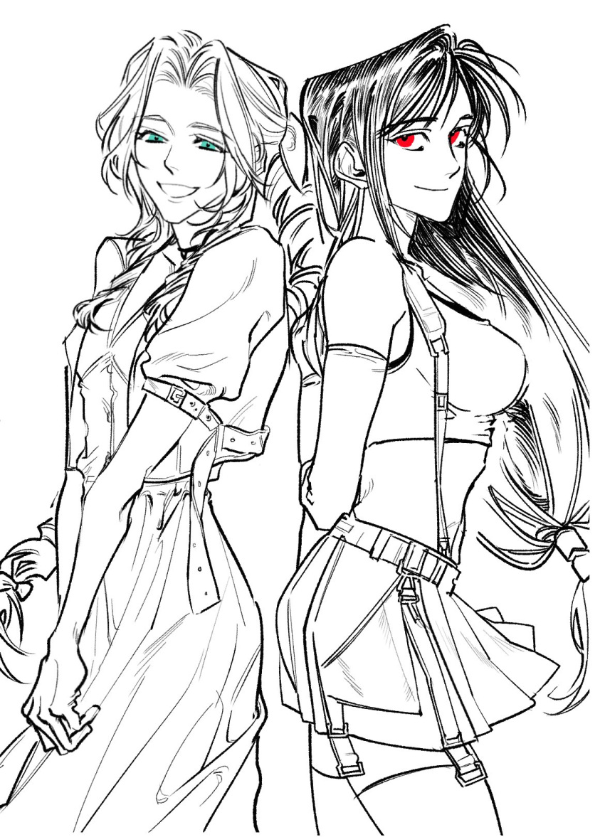 2girls 61862_gae aerith_gainsborough arm_belt arms_behind_back back-to-back bare_shoulders black_bra bra braid braided_ponytail breasts buttons choker closed_mouth commentary_request cowboy_shot crop_top cropped_jacket dress elbow_gloves final_fantasy final_fantasy_vii final_fantasy_vii_remake gloves green_eyes hair_ribbon hair_tie highres korean_commentary limited_palette long_dress long_hair low-tied_long_hair medium_breasts midriff miniskirt multiple_girls own_hands_together parted_bangs parted_lips red_eyes ribbon shirt sidelocks single_braid skirt sleeveless sleeveless_shirt smile sports_bra suspenders thigh-highs tifa_lockhart underwear v white_background white_shirt