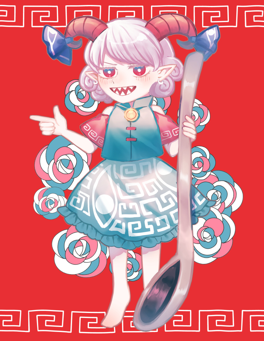 absurdres barefoot blue_bow blue_flower blue_shirt blue_skirt bow brooch commentary_request curly_hair deformed detached_sleeves earrings finger_gun floral_background flower frilled_skirt frills giant_spoon goat_girl goat_horns grey_hair hair_bow highres holding holding_spoon horns jewelry light_blush looking_at_viewer meandros open_mouth pointing pointy_ears red_background red_eyes red_flower red_horns red_sleeves sharp_teeth shirt short_hair simple_background skirt spoon sunken_fossil_world swept_bangs teeth toraneko_2 touhou toutetsu_yuuma v-shaped_eyebrows white_flower