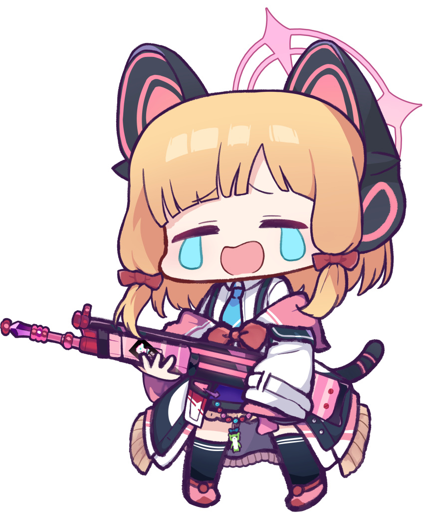 1girl absurdres animal_ear_headphones animal_ears assault_rifle battle_rifle black_skirt black_thighhighs blonde_hair blue_archive blue_necktie bow chibi closed_eyes collared_shirt facing_viewer fake_animal_ears full_body gun h&amp;k_g3 hair_bow halo headphones highres holding holding_gun holding_weapon jacket long_sleeves momoi_(blue_archive) necktie off_shoulder open_mouth panatisia pink_footwear red_bow rifle shirt shoes sidelocks simple_background skirt sleeves_past_wrists solo standing suspender_skirt suspenders tail tears thigh-highs wavy_mouth weapon white_background white_jacket white_shirt wide_sleeves