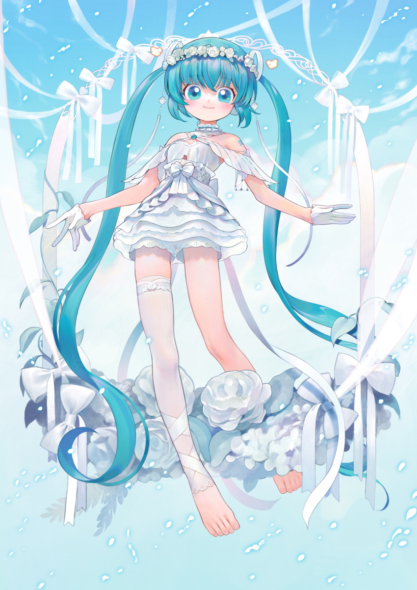 1girl above_clouds absurdly_long_hair absurdres aqua_eyes aqua_hair bare_shoulders blue_sky blush bow choker closed_mouth clouds day dress flower frilled_choker frills full_body gloves halter_dress halterneck hatsune_miku head_wreath highres kaede_(shijie_heping) lace-trimmed_legwear lace-trimmed_thighhighs lace_trim layered_dress layered_sleeves long_hair looking_at_viewer number_tattoo off-shoulder_dress off_shoulder ribbon rose short_dress short_shorts shorts shorts_under_dress shoulder_tattoo single_bare_leg single_thighhigh sky smile solo tattoo thigh-highs twintails very_long_hair vocaloid white_bow white_choker white_dress white_flower white_gloves white_ribbon white_rose white_shorts white_theme white_thighhighs