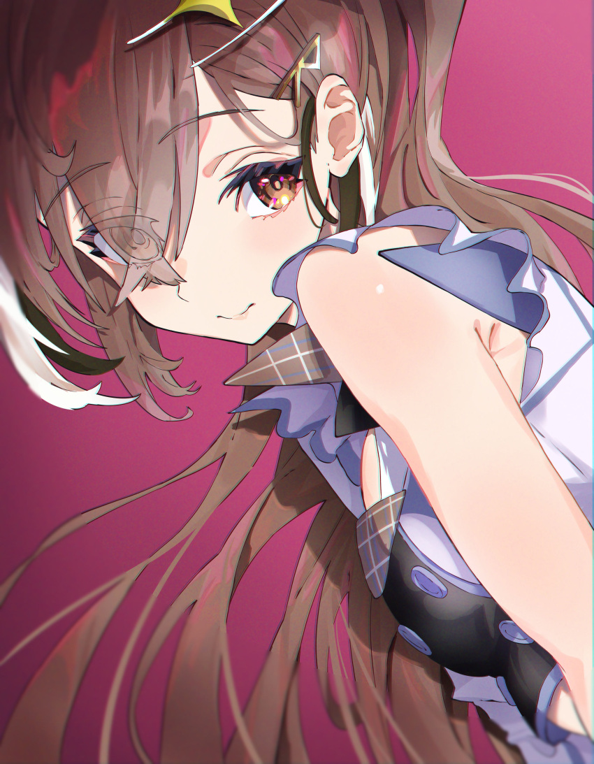 1girl absurdres ahoge brown_eyes brown_hair buttons crop_top double-breasted frills hair_ornament hairclip highres hololive hololive_english hololive_idol_uniform hololive_idol_uniform_(bright) long_hair multicolored_hair nanashi_mumei official_alternate_costume pink_background ponytail rokka_(rokka_013a) sleeveless streaked_hair very_long_hair virtual_youtuber