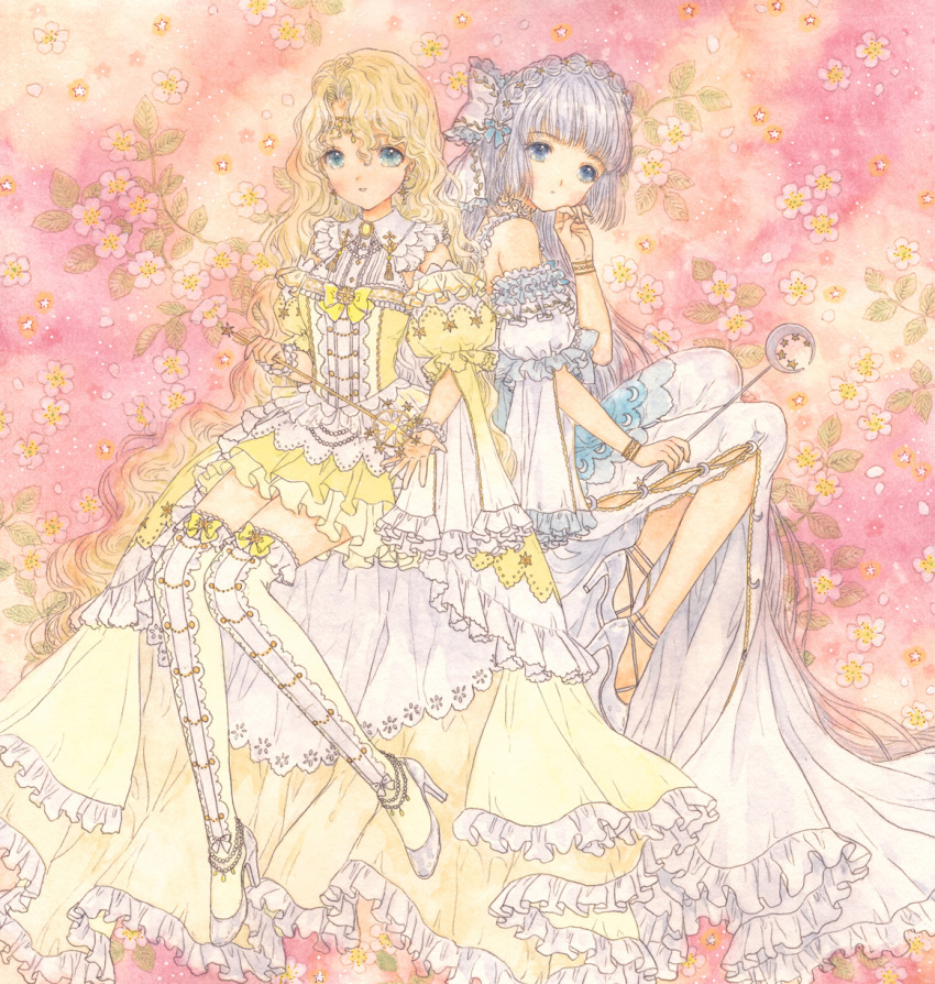 2girls blue_eyes boots crescent_moon curly_hair daisy detached_sleeves dress floral_background flower frilled_dress frilled_thighhighs frills high_heel_boots high_heels highres holding holding_staff holding_star long_dress long_hair looking_at_viewer magical_girl moon multiple_girls original painting_(medium) parted_lips pink_background puffy_short_sleeves puffy_sleeves short_sleeves sitting staff star_(symbol) takanashi_tsubasa thigh-highs traditional_media watercolor_(medium) white_dress white_footwear white_thighhighs yellow_dress