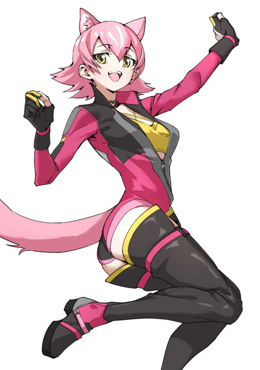 absurdres black_gloves black_thighhighs blush extra_ears gloves high_heels highres kemono_friends kemono_friends_3 leotard long_sleeves looking_at_viewer multicolored_leotard official_alternate_costume panther_ears panther_girl panther_tail peach_panther_(kemono_friends) pink_hair pink_leotard shirt short_hair tanabe_(fueisei) tank_top thigh-highs white_background yellow_eyes yellow_shirt