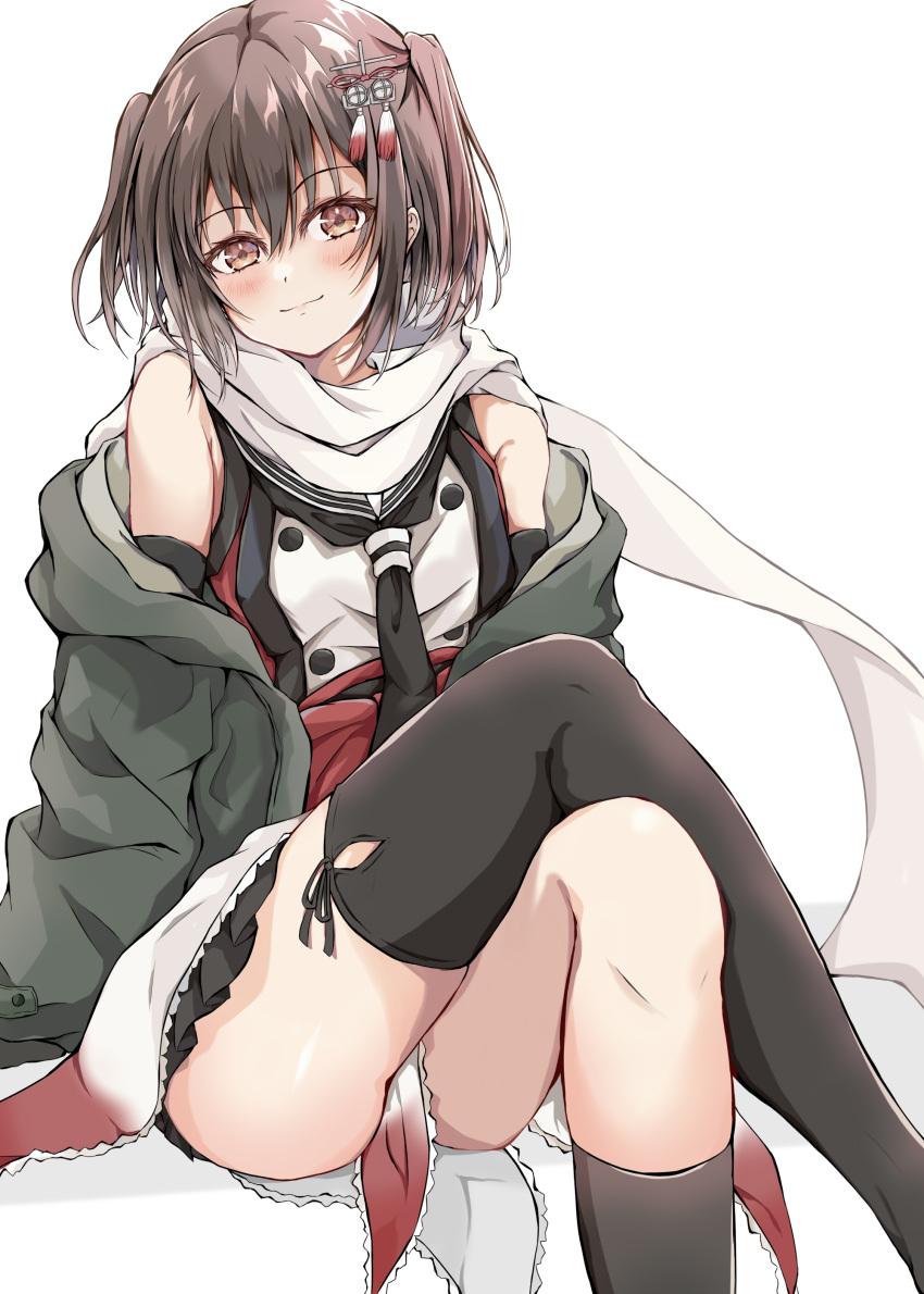1girl absurdres black_neckerchief black_skirt brown_eyes brown_hair buttons crossed_legs dairyo3 double-breasted feet_out_of_frame grey_jacket hair_ornament highres jacket kantai_collection kneehighs neckerchief open_clothes open_jacket pleated_skirt sailor_collar scarf school_uniform sendai_(kancolle) sendai_kai_ni_(kancolle) serafuku simple_background single_kneehigh single_sock single_thighhigh skirt smile socks solo thigh-highs two_side_up white_background white_sailor_collar white_scarf