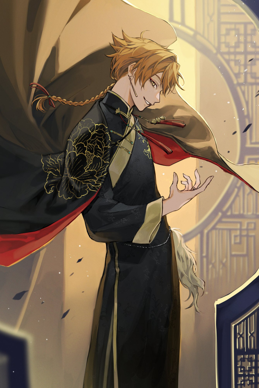 1boy architecture black_cape black_robe blonde_hair blurry braid cape changpao chinese_clothes cowboy_shot depth_of_field earrings east_asian_architecture embroidery falling_petals floral_print from_side fushimi_gaku hair_between_eyes hair_ribbon hand_up highres jewelry long_hair long_sleeves looking_at_viewer male_focus moon_gate nijisanji parted_lips peony_print petals profile red_eyeliner red_ribbon ribbon ring robe sideways_glance single_braid smile solo standing tassel uminonew virtual_youtuber yellow_eyes