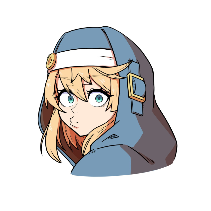 blonde_hair blue_jacket bridget_(guilty_gear) commentary_request green_eyes guilty_gear guilty_gear_strive hair_between_eyes highres hood hooded_jacket jacket looking_at_viewer medium_hair nirade44 portrait pout simple_background turning_head white_background