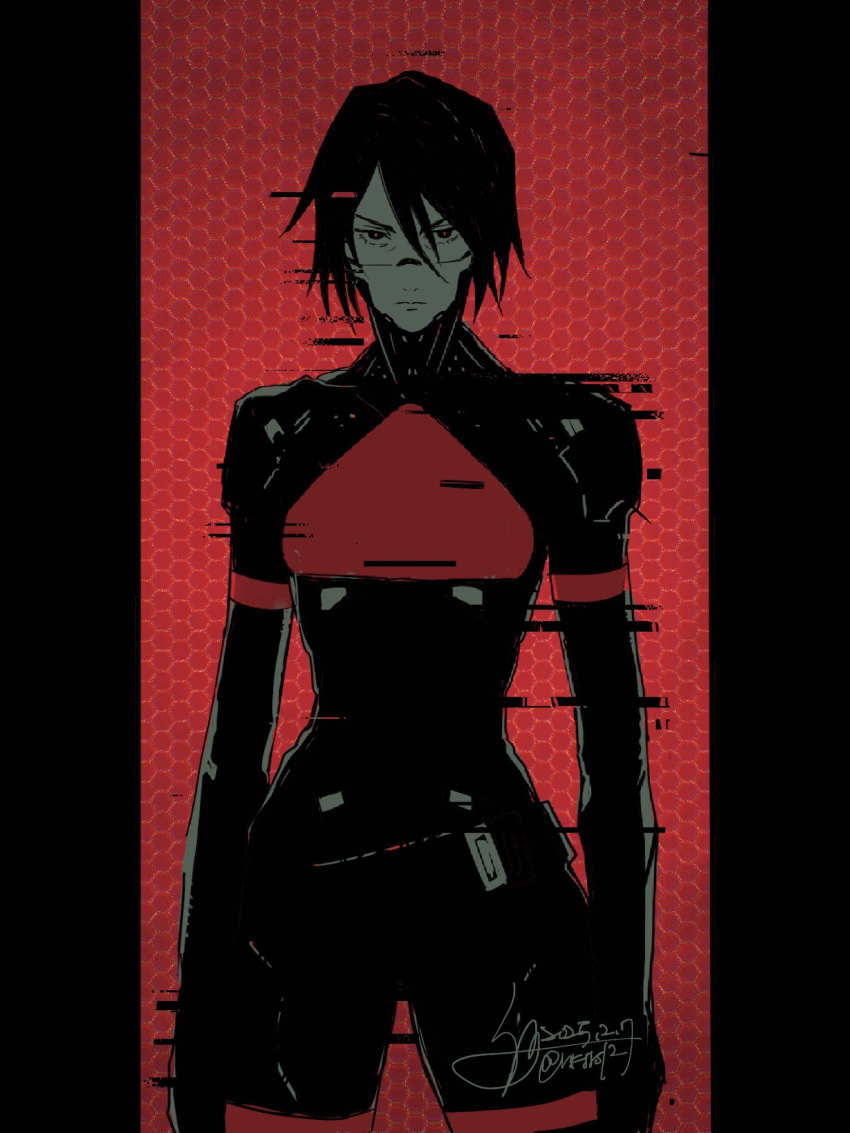 1girl android arms_at_sides black_eyes black_hair cowboy_shot dated elster_(signalis) fune_(nkjrs12) glitch highres honeycomb_(pattern) limited_palette looking_at_viewer pillarboxed red_background red_pupils serious short_hair signalis signature skin_seams solo standing