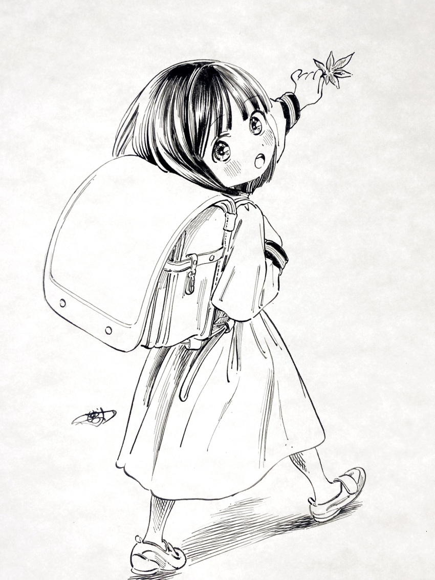 1girl :o akebi-chan_no_serafuku akebi_kao backpack bag black_hair blush bob_cut commentary dot_nose from_side full_body highres hiro_(dismaless) holding holding_leaf holding_strap ink_(medium) leaf long_skirt looking_at_viewer maple_leaf monochrome open_mouth outstretched_arm pinky_out randoseru school_uniform serafuku signature skirt solo teeth traditional_media upper_teeth_only walking_away