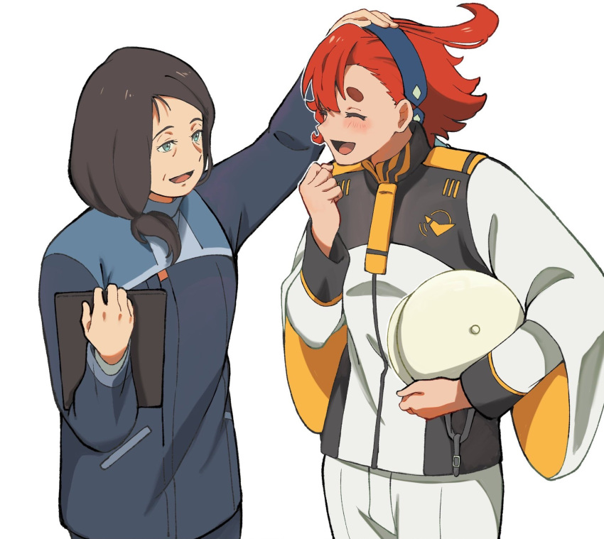 2girls :d ahoge asticassia_school_uniform belmeria_winston black_hair blue_eyes blue_hairband blue_jacket blush closed_eyes gundam gundam_suisei_no_majo hair_between_eyes hairband hand_on_another's_head headpat highres holding jacket long_sleeves looking_at_another multiple_girls old old_woman open_mouth ponytail redhead school_uniform short_ponytail shorts simple_background smile standing suiseikaro suletta_mercury thick_eyebrows white_background white_jacket white_shorts wide_sleeves