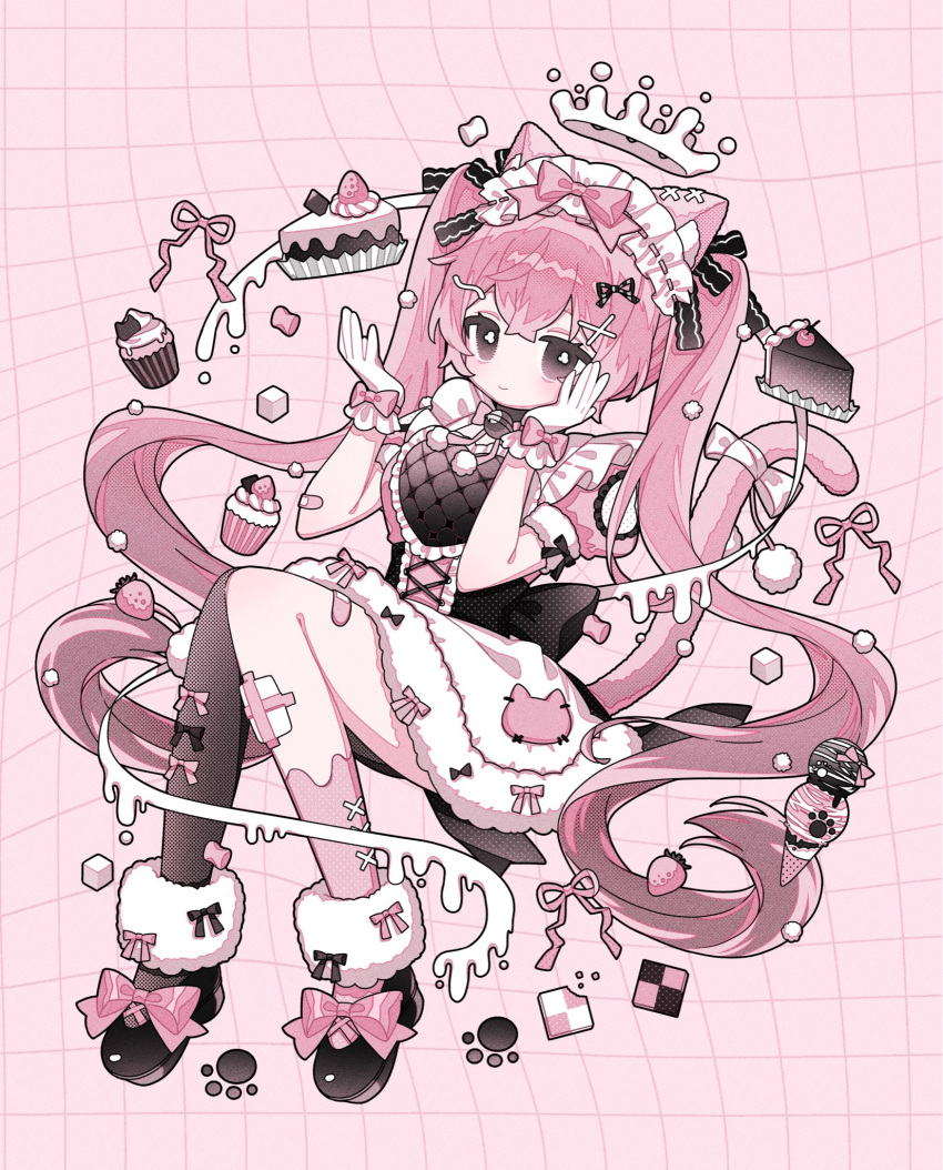 1girl animal_ear_fluff animal_ears asymmetrical_legwear back_bow black_bow black_shirt black_shoes bow brown_eyes cat_ears cat_girl cat_tail checkerboard_cookie closed_mouth commentary cookie crossed_bangs double-parted_bangs food footwear_bow full_body glove_bow gloves grid_background hair_between_eyes hair_bow hair_ornament halo hands_up highres long_hair looking_at_viewer mafuyu_(re_eva) mismatched_legwear original pink_background pink_bow pink_hair shirt shoes short_sleeves single_sock single_thighhigh skirt sleeve_bow smile socks solo tail thigh-highs twintails uneven_legwear white_gloves white_halo white_skirt x_hair_ornament