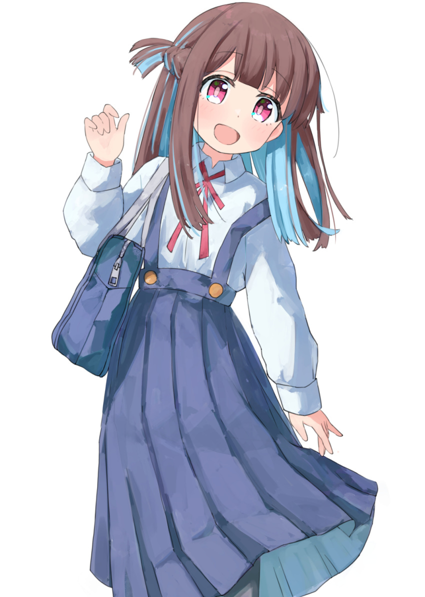 1girl :d alternate_hair_length alternate_hairstyle bag blue_hair blue_skirt blunt_bangs blunt_ends braid brown_hair commentary crown_braid highres hozuki_momiji leaning_to_the_side long_skirt long_sleeves looking_at_viewer neck_ribbon one_side_up onii-chan_wa_oshimai! open_mouth pink_eyes pleated_skirt red_ribbon ribbon school_uniform shirt shoulder_bag simple_background skirt smile solo strap_slip suspender_skirt suspenders tetesudeesu white_background white_shirt wing_collar