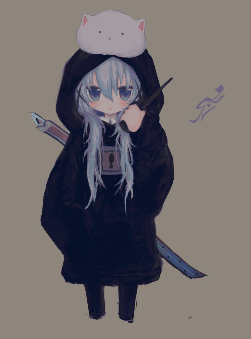 1girl alternate_costume animal aqua_hair black_hoodie blue_eyes cropped_legs gochuumon_wa_usagi_desu_ka? grey_background hair_between_eyes hair_ornament hand_in_pocket highres holding hood hood_up hoodie kafuu_chino long_hair long_sleeves looking_at_viewer on_head parted_lips rabbit reitoubeef simple_background tippy_(gochiusa) walkie-talkie weapon weapon_on_back x_hair_ornament