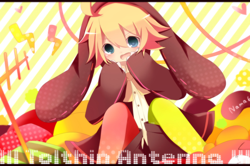1boy angry animal_ears asymmetrical_legwear blonde_hair blue_eyes brown_coat brown_shorts candy child coat collared_shirt droopy_ears english_text fake_animal_ears fake_claws food hands_on_own_face highres hood hooded_coat hoodie kagamine_len leggings long_sleeves lop_rabbit_ears male_child male_focus meranoreuka_(naokentak) mismatched_legwear neck_ribbon necktie open_mouth ribbon shirt short_hair shorts sitting solo surprised toluthin_antenna_(vocaloid) very_long_sleeves vocaloid white_shirt yellow_necktie yellow_ribbon