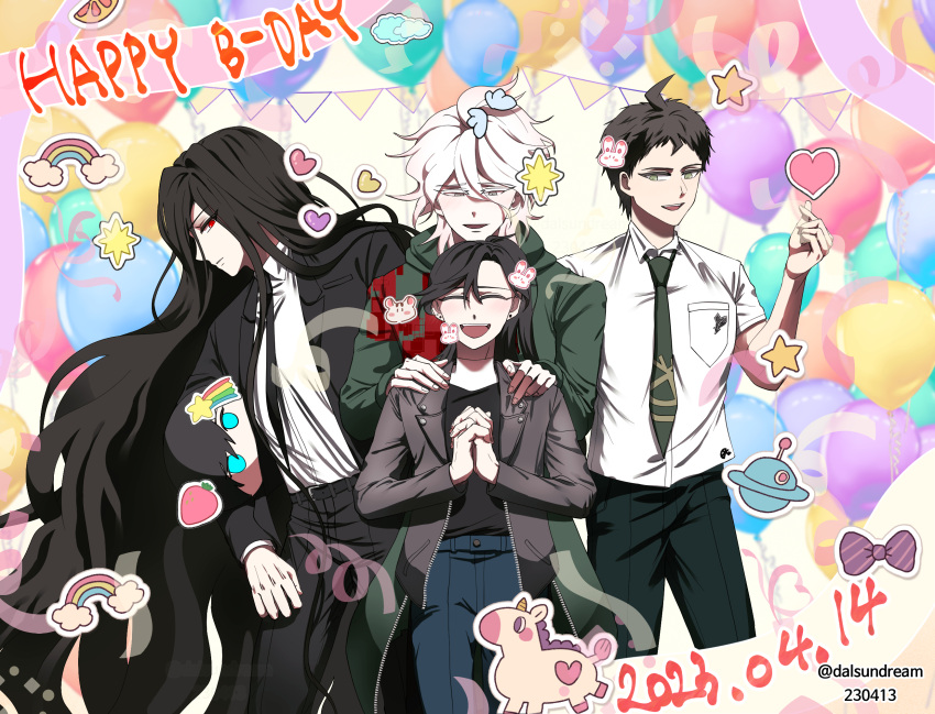4boys :d ahoge balloon black_hair black_pants character_doll character_request closed_mouth dal_ggyung danganronpa_(series) danganronpa_2:_goodbye_despair earrings facing_viewer finger_heart green_jacket hair_between_eyes hands_on_another's_shoulders happy_birthday heart highres hinata_hajime hood hood_down jacket jewelry kamukura_izuru komaeda_nagito long_hair looking_at_another male_focus multiple_boys open_clothes open_jacket own_hands_clasped own_hands_together pants ponytail profile shirt_tucked_in short_hair smile sticker teeth unicorn upper_teeth_only white_hair