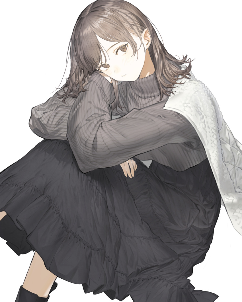 1girl absurdres aspara black_dress brown_eyes brown_hair cape closed_mouth dress expressionless grey_sweater head_rest head_tilt highres long_hair long_sleeves looking_at_viewer original sitting solo sweater turtleneck turtleneck_sweater white_background white_cape