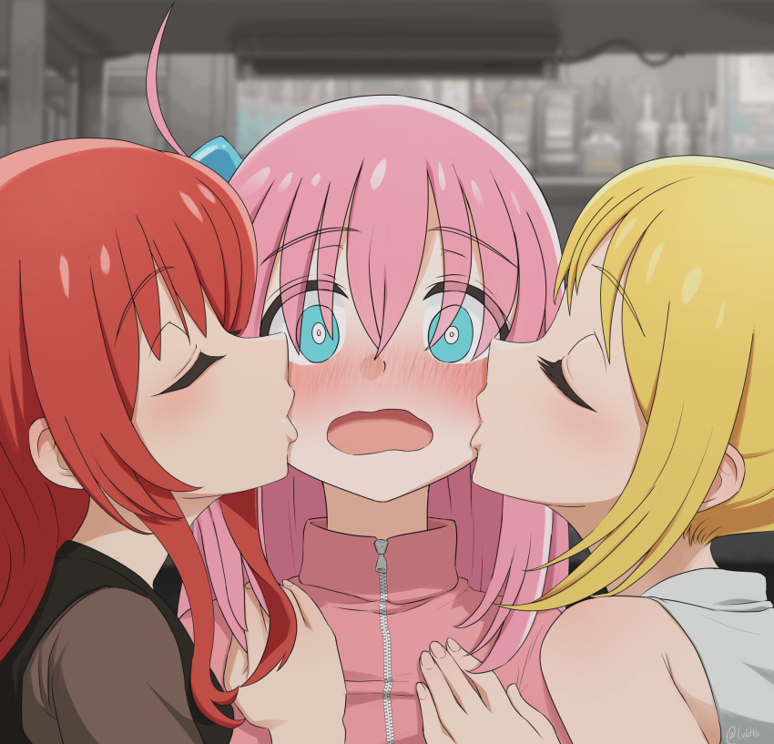 3girls bare_shoulders blonde_hair blue_eyes blurry blurry_background blush bocchi_the_rock! bright_pupils casual closed_eyes closed_mouth commentary cube_hair_ornament embarrassed eyes_visible_through_hair fingernails full-face_blush gotou_hitori hair_between_eyes hair_ornament hand_on_another's_chest highres ijichi_nijika indoors jacket kiss kita_ikuyo lips long_hair luizhtx multiple_girls nose one_side_up open_mouth pink_hair pink_jacket profile redhead sidelocks straight_hair surprised twitter_username upper_body wavy_mouth white_pupils wide-eyed yuri