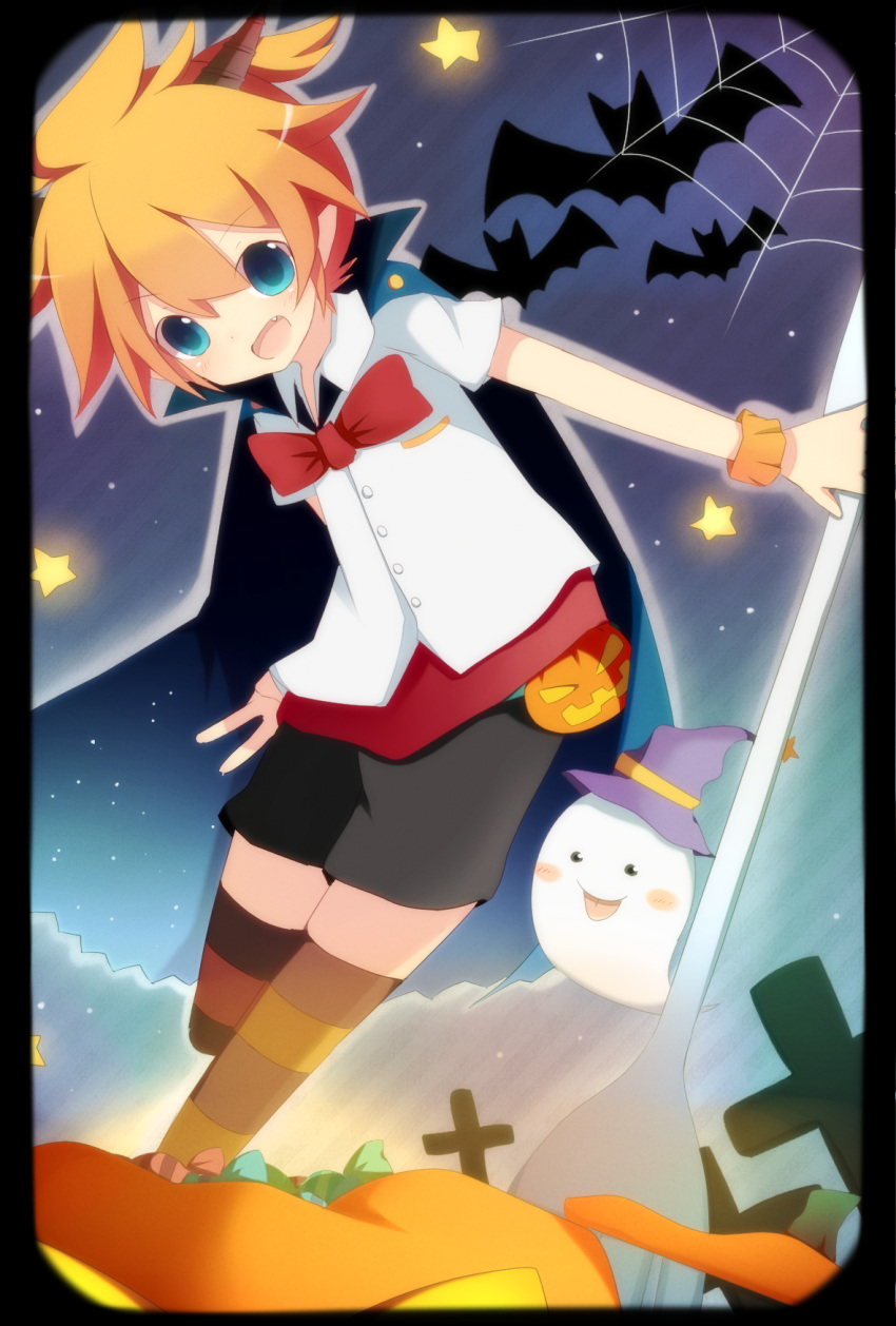 1boy armband bat_(animal) black_cape black_shorts blue_eyes bow bowtie brown_thighhighs cape collared_shirt cross crucifix cutlery fang fanny_pack fork ghost halloween halloween_costume happy hat high_ponytail highres horns jack-o'-lantern kagamine_len male_focus meranoreuka_(naokentak) messy_hair open_mouth orange_hair pointy_ears ponytail red_bow red_bowtie shirt short_hair short_ponytail short_sleeves shorts silk single_horn smile solo spider_web star_(symbol) striped striped_thighhighs thigh-highs vocaloid white_shirt witch_hat