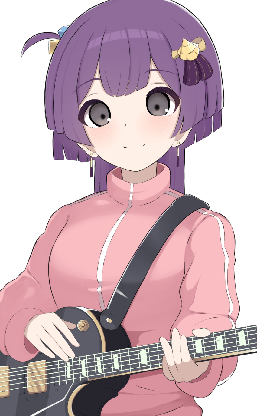 1girl alternate_costume bernadetta_von_varley blush closed_mouth earrings fire_emblem fire_emblem:_three_houses grey_eyes guitar hair_ornament highres holding holding_instrument instrument jacket jewelry kocha_(jgug7553) long_sleeves looking_at_viewer medium_hair pink_jacket purple_hair simple_background smile solo upper_body white_background