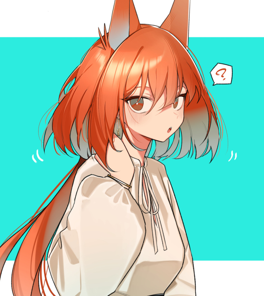 1girl :o ? alternate_costume animal_ears aqua_background arknights blush casual earrings extra_ears flametail_(arknights) highres jewelry long_hair long_sleeves looking_at_viewer looking_back low_ponytail open_clothes open_mouth orange_eyes orange_hair red_eyes redhead shirt signal_1120 solo speech_bubble spoken_question_mark squirrel_ears upper_body very_long_hair white_shirt