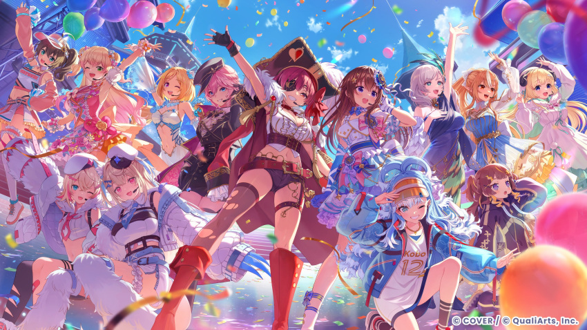 6+girls :d ;d absurdres aki_rosenthal alternate_costume animal_ears anya_melfissa artist_request asymmetrical_legwear balloon belt beret blonde_hair blue_hair boots breasts brown_hair claws clothing_cutout coat colored_tips commentary_request company_name confetti copyright_notice curled_horns dark-skinned_female dark_elf dark_skin day detached_sleeves dog_ears dog_girl dog_tail double_bun dress elf eyepatch fur_thighhighs fuwawa_abyssgard gloves gown grey_hair hair_bun hair_ornament hair_wings hand_up hat headset highres hololive hololive_dreams hololive_english hololive_indonesia hood hooded_jacket horns houshou_marine jacket jewelry kobo_kanaeru long_hair long_sleeves looking_at_viewer midriff mismatched_legwear mococo_abyssgard momosuzu_nene multicolored_hair multiple_girls natsuiro_matsuri necklace number_print official_art on_one_knee one_eye_closed one_eye_covered open_clothes open_coat open_jacket orange_hair outdoors partially_fingerless_gloves pavolia_reine peaked_cap pink_hair pirate_hat pleated_skirt pointy_ears ponytail print_shirt puffy_detached_sleeves puffy_sleeves quilted_jacket red_hair second-party_source sheep_ears sheep_girl sheep_horns shiranui_flare shirt shoes short_hair short_shorts shorts siblings sisters sitting skirt sleeveless smile socks standing tail takane_lui thigh-highs tokino_sora torn_clothes torn_thighhighs tsunomaki_watame twins twintails untucked_shirt visor_cap wavy_hair white_hair