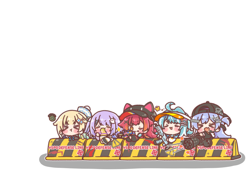 >_< 5girls :d :t ;p =_= absurdres ahoge aizawa_ema animal animal_ears animal_hat backwards_hat baseball_cap black_hat black_jacket blonde_hair blue_hair blue_hat blue_shirt blush_stickers bone_hair_ornament brown_eyes brown_hair bug butterfly cartoon_bone chibi chopsticks closed_eyes closed_mouth commentary_request cup eating explosive fake_animal_ears fang firing flower food gatling_gun ghost_hair_ornament gradient_hair green_hair grenade gun hair_flower hair_ornament hat headset heart heart_hair_ornament highres holding holding_chopsticks holding_cup holding_gun holding_weapon instant_cup_noodles instant_noodles jacket long_hair long_sleeves m134_minigun mini_hat mitarashi_neko multicolored_hair multiple_girls nekota_tsuna newsboy_cap noodles one_eye_closed poi_(phrase) pout puffy_long_sleeves puffy_sleeves purple_hair red_hair shinomiya_runa shiranami_ramune shirt sign simple_background smile sparkle streaked_hair tail throwing tilted_headwear tongue tongue_out translation_request two_side_up virtual_youtuber visor_cap vspo! warning_sign weapon weapon_request white_background white_flower white_hair white_jacket x_hair_ornament xd yano_kuromu