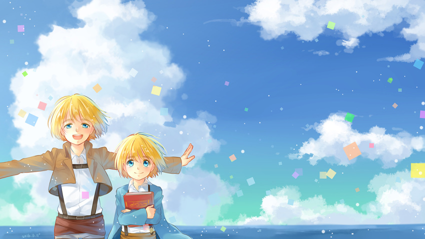 2boys aged_down armin_arlert blue_eyes blue_sky book brown_jacket confetti dual_persona holding holding_book jacket long_sleeves male_child male_focus moxue_qianxi multiple_boys ocean open_mouth outstretched_arms paradis_military_uniform shingeki_no_kyojin sky smile suspenders teeth upper_teeth_only