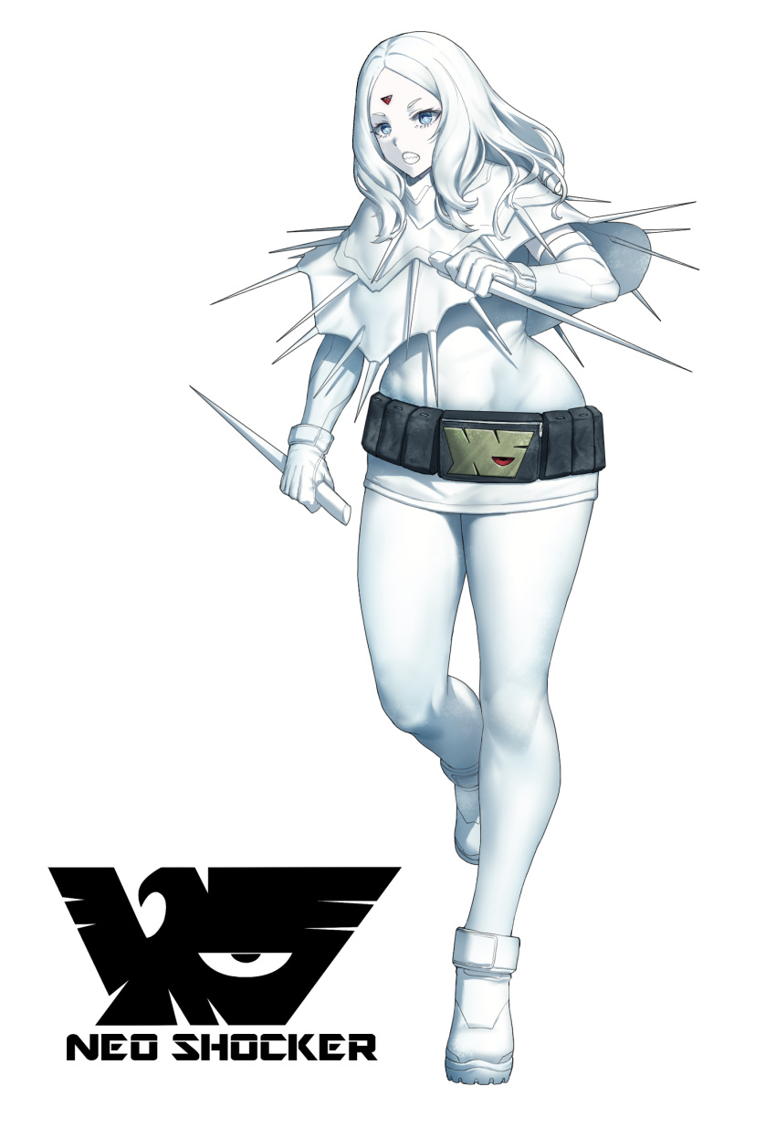1girl belt black_belt blue_eyes boots clenched_teeth colored_skin commentary dress eidenjyou1997 elbow_gloves emblem english_commentary full_body genderswap genderswap_(mtf) gloves highres holding kamen_rider kogoensky long_hair looking_at_viewer monster_girl neo_kamen_rider pantyhose poncho sharp_teeth shocker_(kamen_rider) short_dress simple_background solo standing standing_on_one_leg teeth white_background white_boots white_dress white_gloves white_hair white_pantyhose white_skin