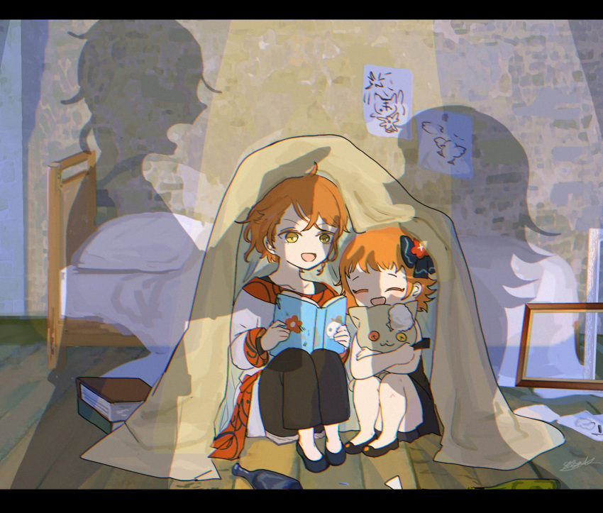 1boy 1girl aged_down arguing bed blanket book bottle bow child's_drawing d_kenpis fire_emblem fire_emblem_engage hair_bow highres orange_hair pandreo_(fire_emblem) panette_(fire_emblem) reading shadow siblings signature sitting stuffed_animal stuffed_toy stuffing wooden_floor