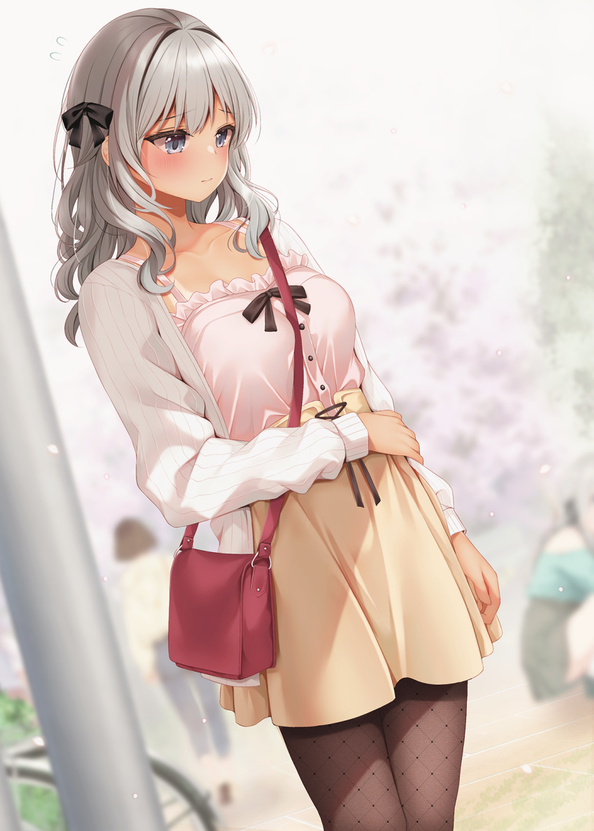 1girl arm_at_side bag black_bow blurry blurry_background blush bow brown_pantyhose brown_skirt cardigan closed_mouth collarbone commentary_request day depth_of_field frilled_shirt frills grey_eyes grey_hair hair_bow hand_on_own_stomach handbag highres large_variant_set long_sleeves looking_down minato_ojitan open_cardigan open_clothes original outdoors pantyhose pink_cardigan pink_shirt raised_inner_eyebrows shirt shirt_bow skirt sleeveless sleeveless_shirt solo tan tanlines variant_set wavy_hair