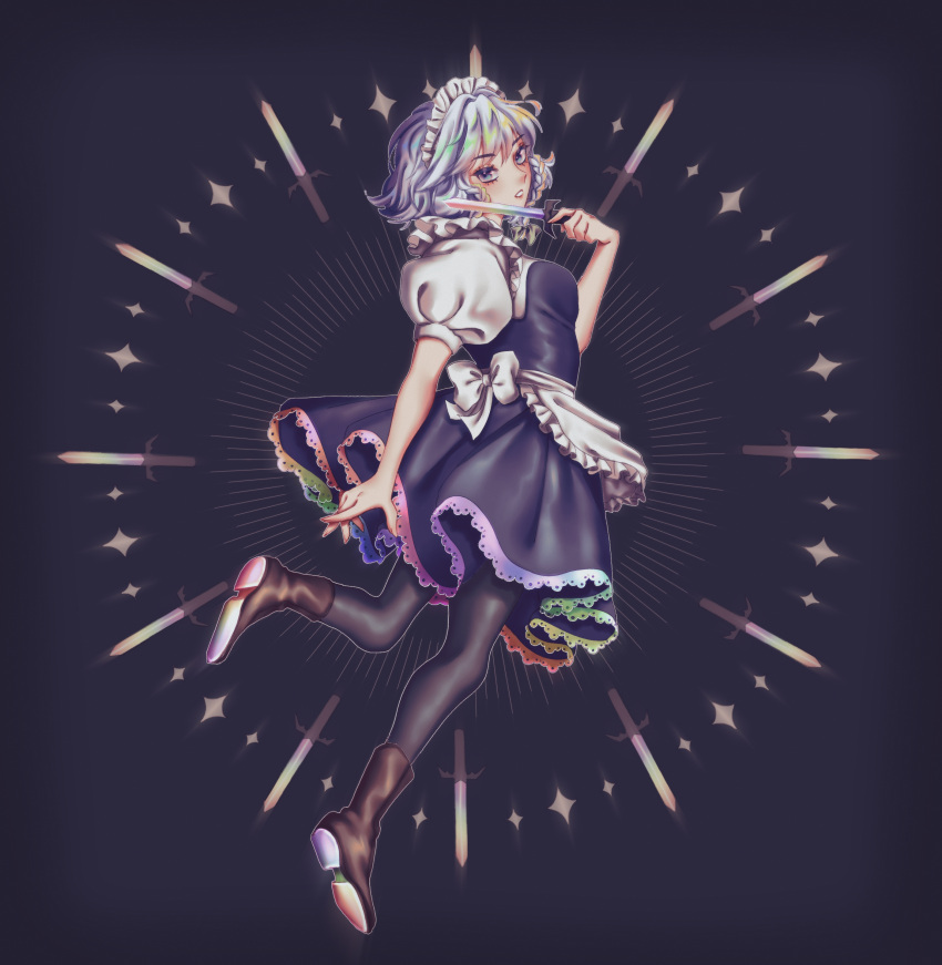 1girl absurdres apron back_bow black_pantyhose blue_dress blue_eyes boots bow braid brown_boots commentary dress english_commentary full_body grey_hair hair_bow highres holding holding_knife izayoi_sakuya knife long_hair looking_at_viewer maid maid_headdress orz_(kagewaka) pantyhose puffy_short_sleeves puffy_sleeves rainbow_gradient short_sleeves solo touhou twin_braids unconnected_marketeers waist_apron white_apron white_bow